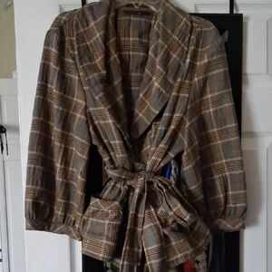 Bandolino Brown Plaid Blazer with Tie Waist
